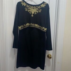 Vintage Carole Little 80's Women's L Black Gold Beaded Wool blend Sweater Dress